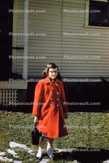 Pensive Girl, Face, Tween, Glasses, Coat, 1960s