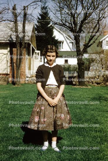 Tween Girl Standing in the Frontyard, Dress, Pamela, 1960s