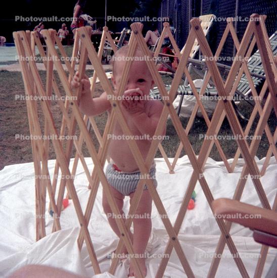 Boy, toddler, cage, 1950s
