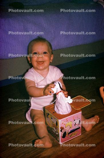 Baby Girl, Jack-in-the-box, cute, funny, smiles, toddler, 1950s