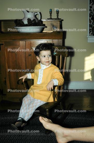 Cute, dress, stockings, rocking chair, Girl, 1950s