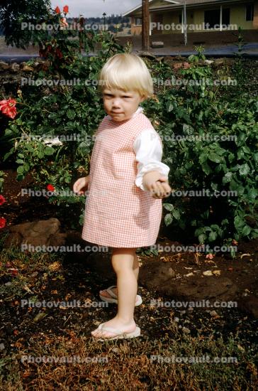 Little Girl in the Garden, thongs, dress, 1950s