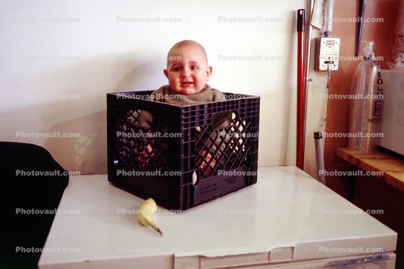 Boy in Box, Toddler, fear, crying, table