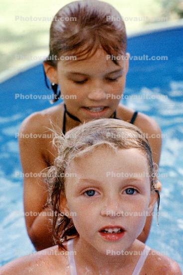 Girls, Wet, Backyard Pool, smiles, July 1979, 1970s