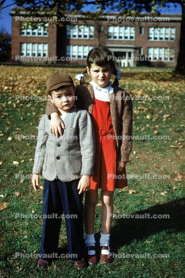 Brother, Sister, Schoolhouse, Friends, Hat, Coat, Jacket, Saddle Shoes, Autumn, Smarkand, 1950s