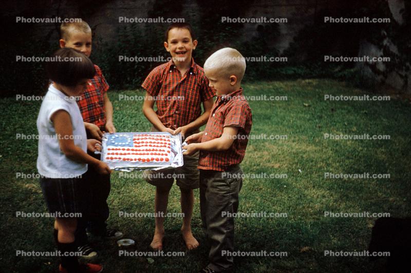 Boys, girl, Betsy Ross flag cake, backyard, July 1959, 1950s