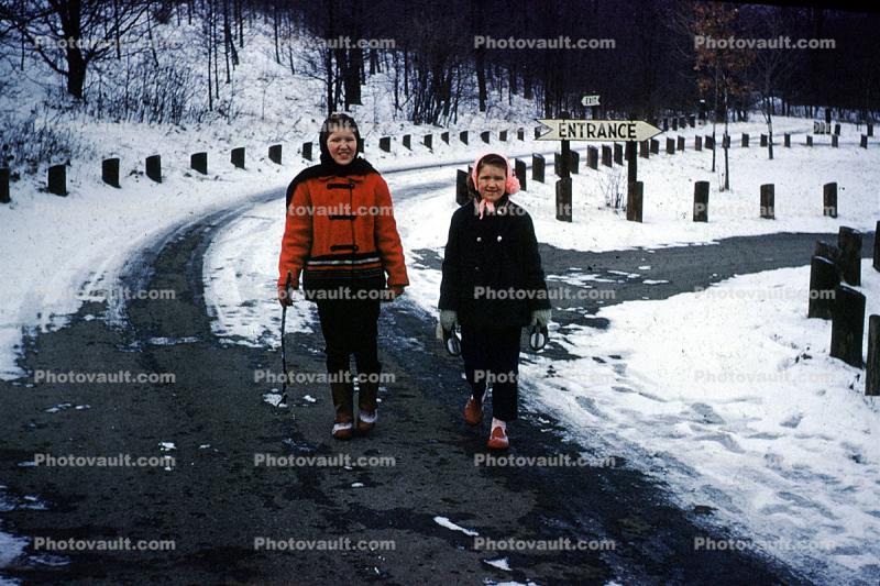 Walking in the Snow, Girl, Woman, Mom, Daughter, Snowy Road, Akron Ohio, 1960s