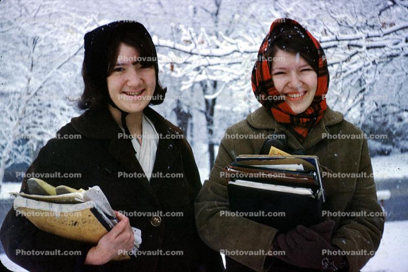 Girls, Schoolgirls, Books, Smiles, Coats, Akron Ohio, 1960s
