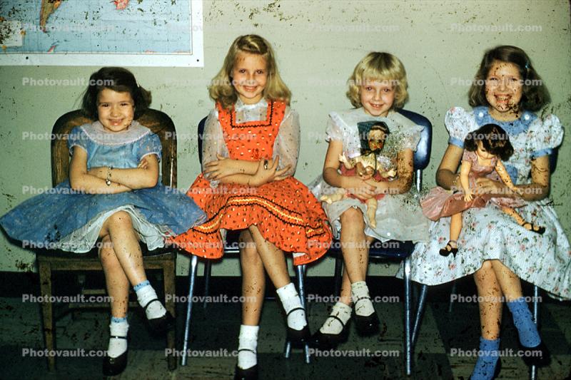 School, Dolls, Smiles, Chairs, Slip, Akron Ohio, 1960s