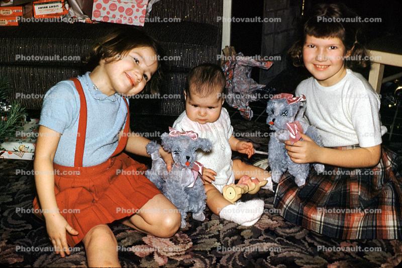 Baby, Girls, Smiles, Sisters, toddler, toy poodle, dress, Akron Ohio, 1950s