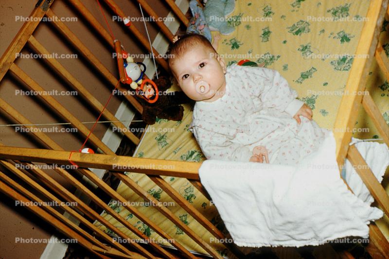 Baby Girl, Crib, Baby, Pacifier, Toy, Rattle, Akron Ohio, 1950s