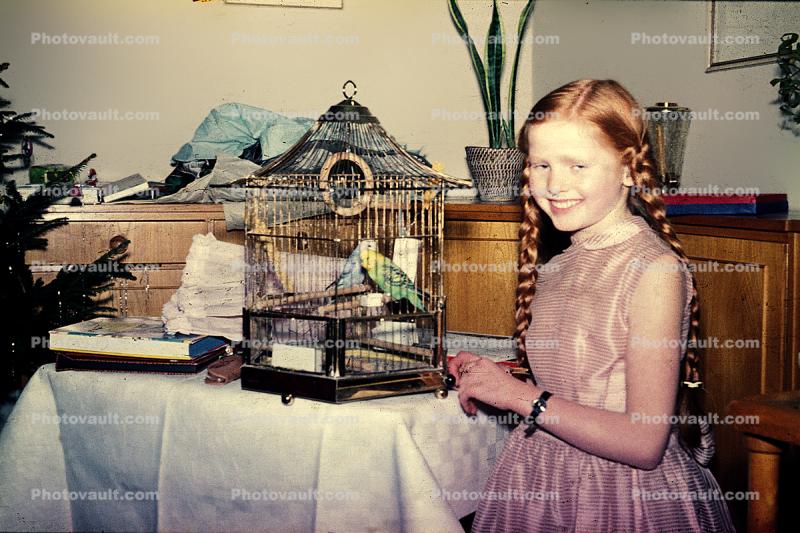Birdcage, Redhead, Pigtails, Smiles, 1950s