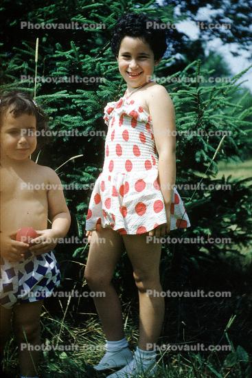 smiling girl, cute, polka-dot dress, summer, summertime, 1950s
