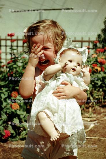 Crying Girl, Baby, Doll, sad, 1950s