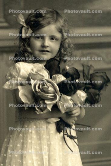 Girl Holding Flowers, bouquet, smiles, 1910's, RPPC