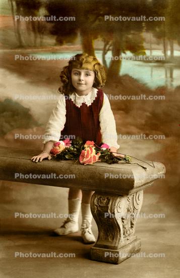 Smiling Girl, bench, smirk, 1910's, RPPC