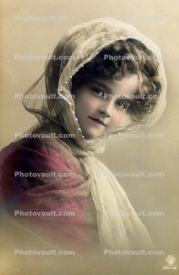 Bonnet, smiles, girl, scarf, pensive, RPPC, 1920's
