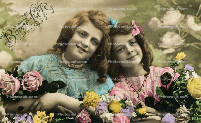 1920's, RPPC, Dress, smiles, two girls, fiends, flowers