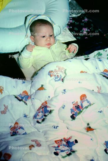 Baby Girl, snuggly, infant, bed, pillow, bulky, 1950s
