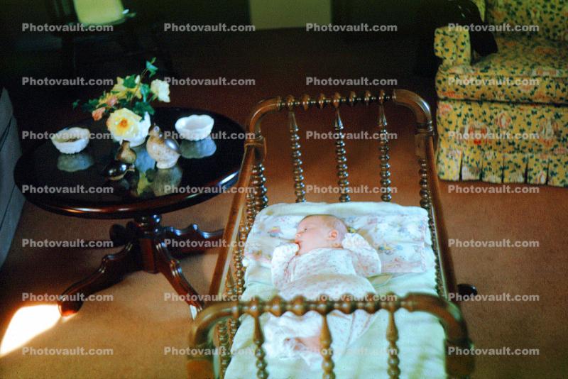 Crib, Baby, Girl, snuggly, creche, onesie, infant, bulky, 1950s