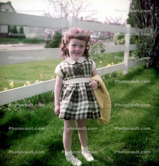 Cutie, smiles, dress, redhead, fence, frontyard, 1940s