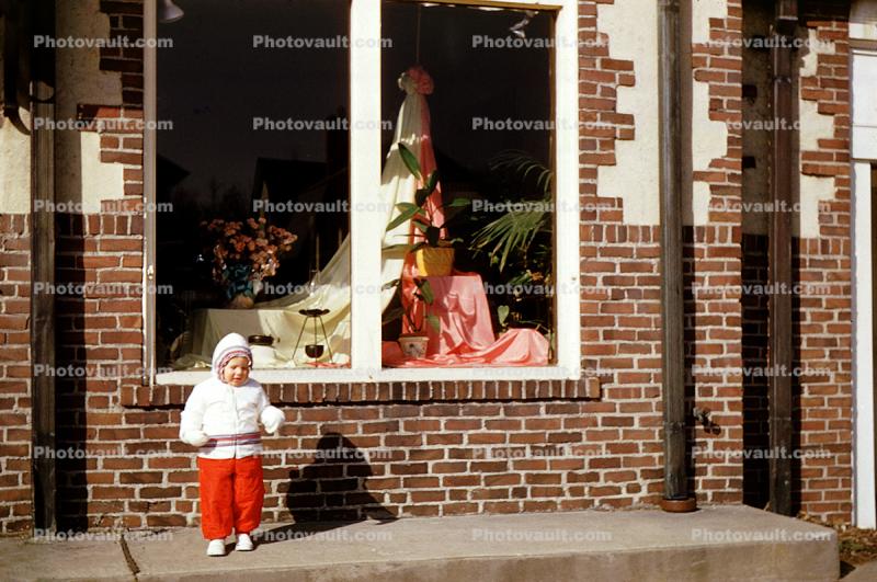Brick, Window, display, Child, jacket, 1955, 1950s