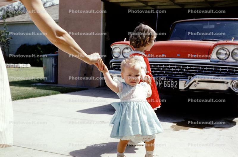 Girls, 1959 Ford Fairlane, car, 1950s
