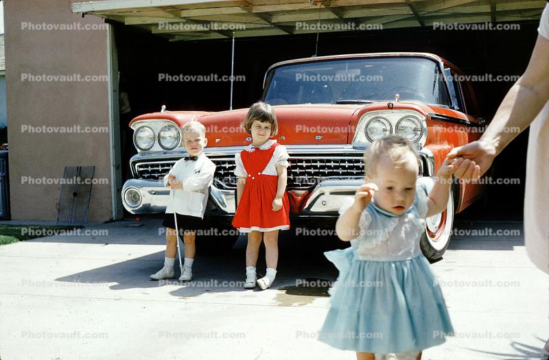 Girls, Boys, 1959 Ford Fairlane, dress, garage, car, 1950s