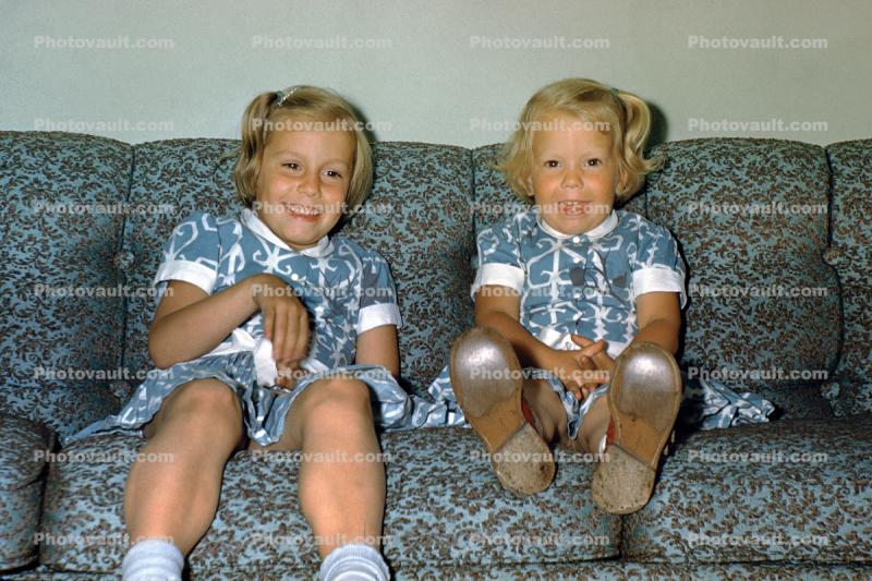 Two Cute Sisters Laughing, Matching Outfits, dresses, shoes, 1950s