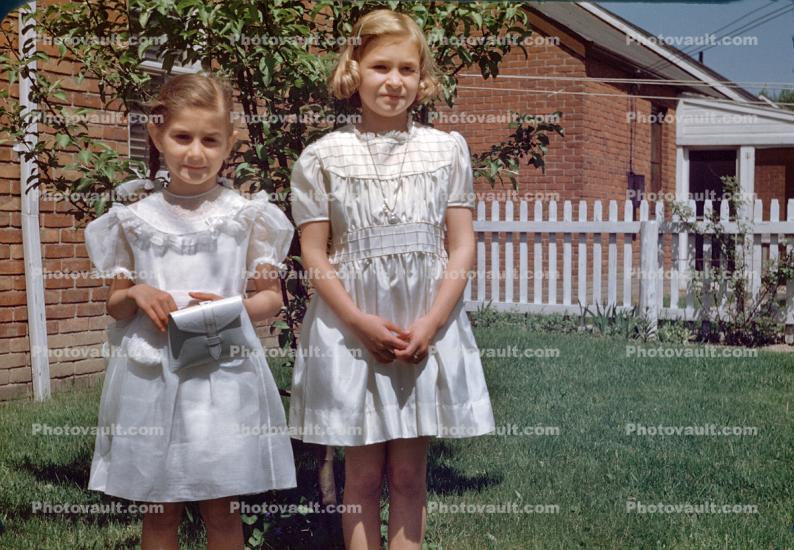 Girls, Sisters, Formal Dress, 1950s
