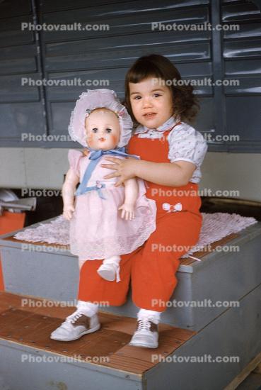 Cute Girl with her Doll, Pantsuit, Saddle Shoes