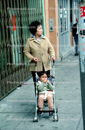 Woman, stroller, sidewalk, pram, pushcart, infant, baby