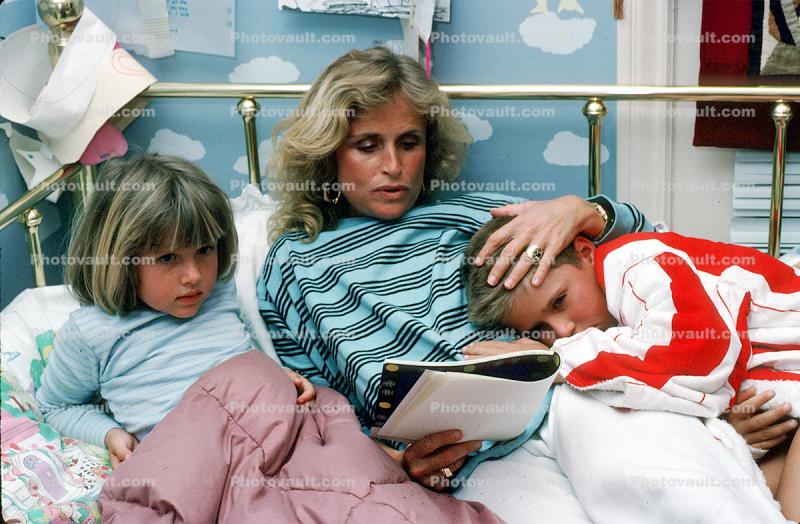 Mother reading to her Children, boy, girl