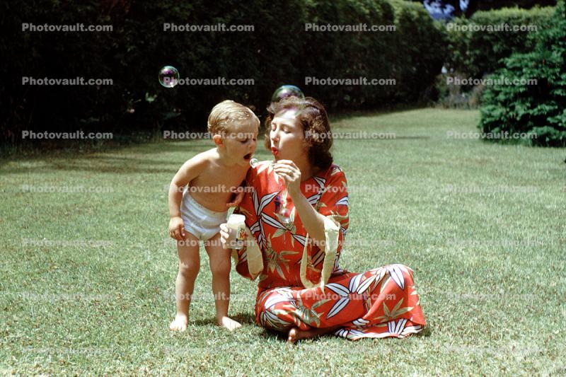 Blowing Bubbles, Boy with Mother, Backyard, 1950s