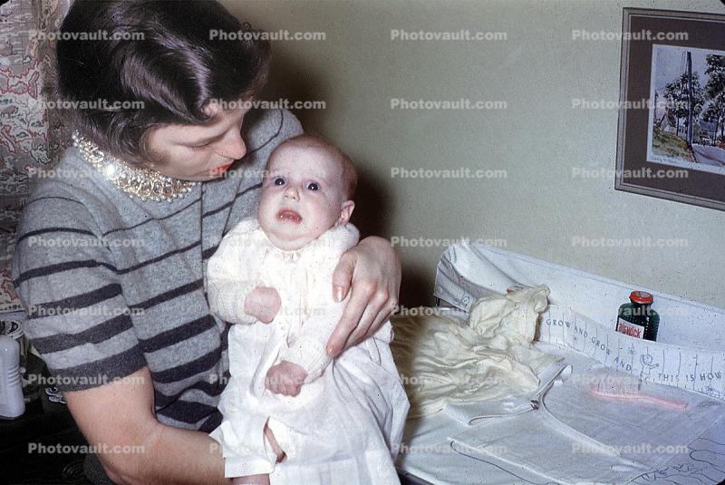 Crying Baby, Daughter, carol, changing table, December 1953, 1950s