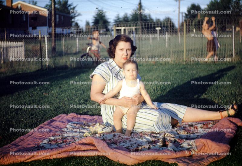 Baby, Diapers, Toddler, Blanket, Backyard, 1946, 1940s