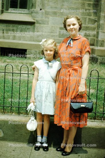 Girl and mother, Temple University, purse, ribbon, July 6 1952, 1950s