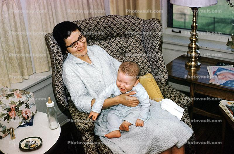 Baby, Bottle, Smiles, Happy, Robe, Chair, Doting, Love, Sitting, Toddler, May 1962, 1960s