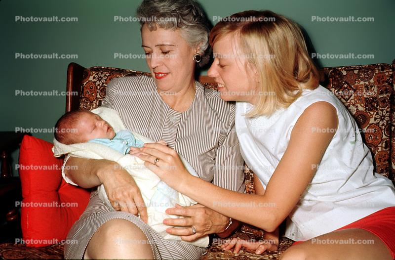Mom, Grandmother, Newborn, Infant, Swaddeled, Arms, Smiles, Pride, Couch, Doting, June 1966, 1960s