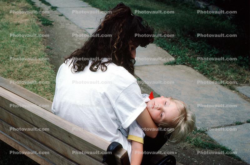 Sleeping Child, Tired, Park Bench, Sitting, July 1989, 1980s