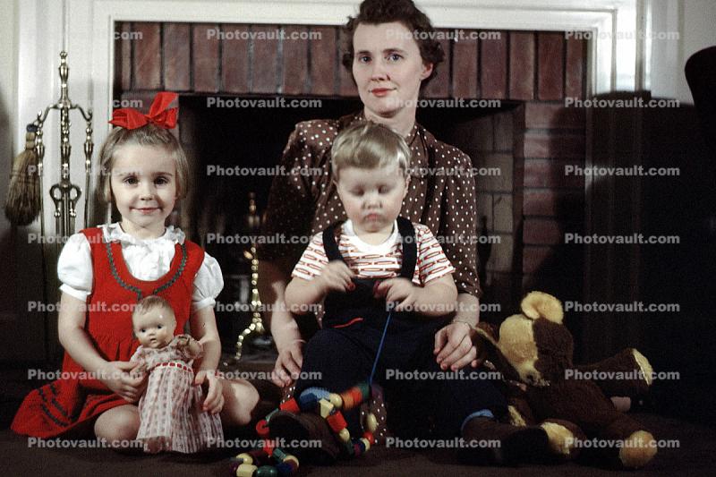 Mother with Daughter and Son, doll, boy, woman, girl, hair ribbon, 1940s
