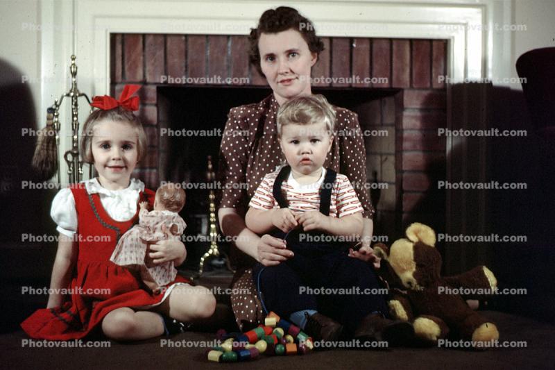 Mother with Daughter and Son, doll, boy, woman, girl, hair ribbon, 1940s