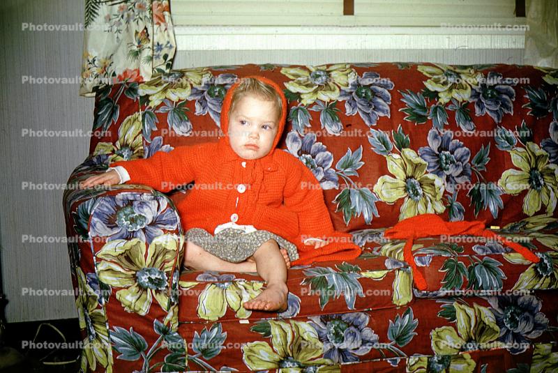 Little Red Riding Hood on a Couch, girl, hoody, flowers, 1940s