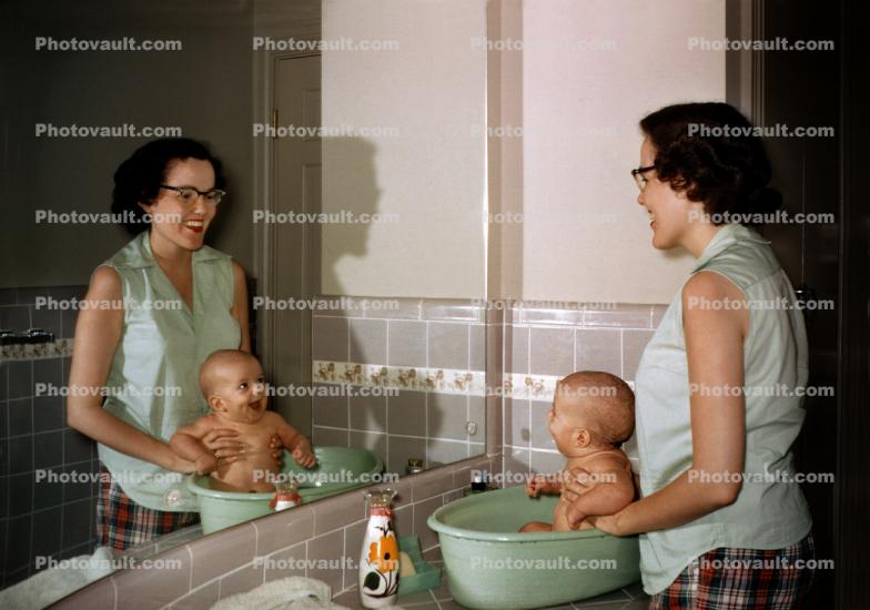 Toddler Laughing with Mom, Baby Bath, child, 1950s