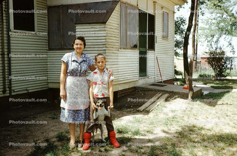 Mother and Son, Dog, Backyard, house, 1950s