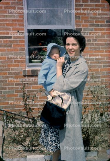 Woman with Baby, Bonnet, Brick House, Smiles, 1950s
