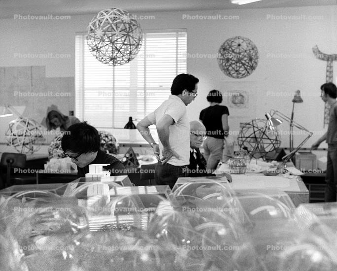 Buckminster Fuller and Shoji Sadao, at the Isamu Noguchi Studios, Great Circles, artifacts, Long Island City, New York