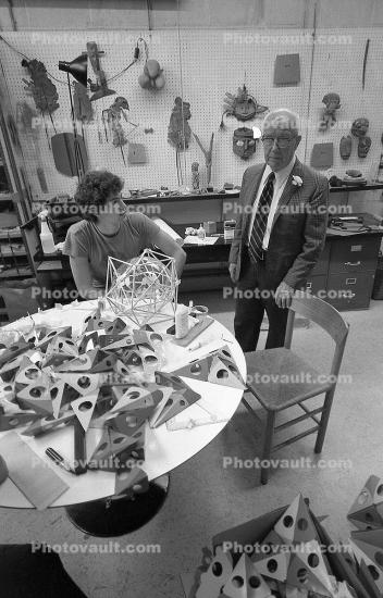 Jonathan Stoller Preparing Exhibits for Buckminster Fuller, Cooper-Hewitt National Museum of Design, Isamu Noguchi Studio, Long Island City, New York, artifact, geometry