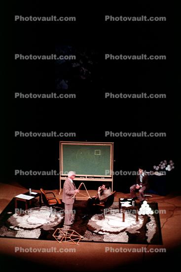 polyhedra, stage, chalkboard "Conversations with Buckminster Fuller" event, New York City