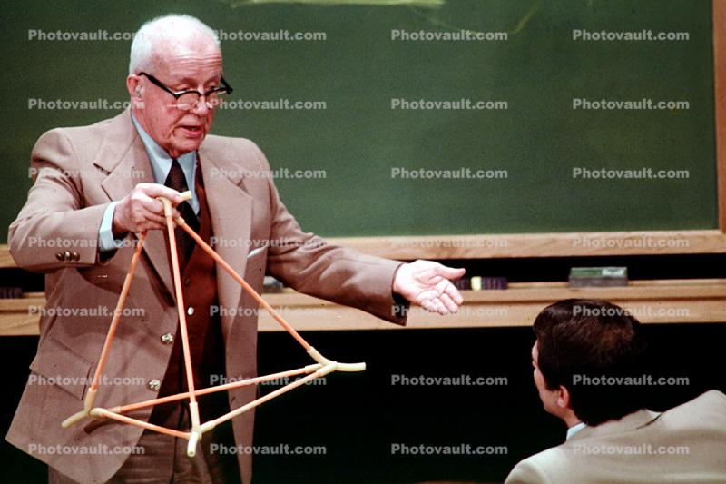Tetrahedron, Chalkboard, stage, polyhedra, "Conversations with Buckminster Fuller" event, New York City